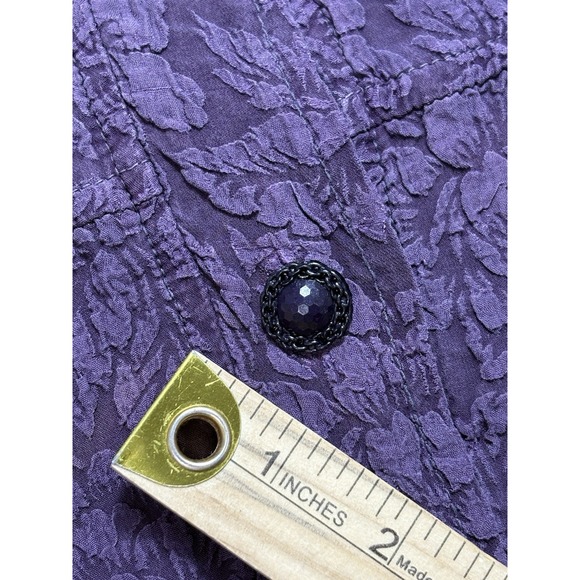Uru 100% Silk Embossed Blouse Purple Button Down 3/4 Sleeve OS Boho Artsy Floral - Picture 8 of 10